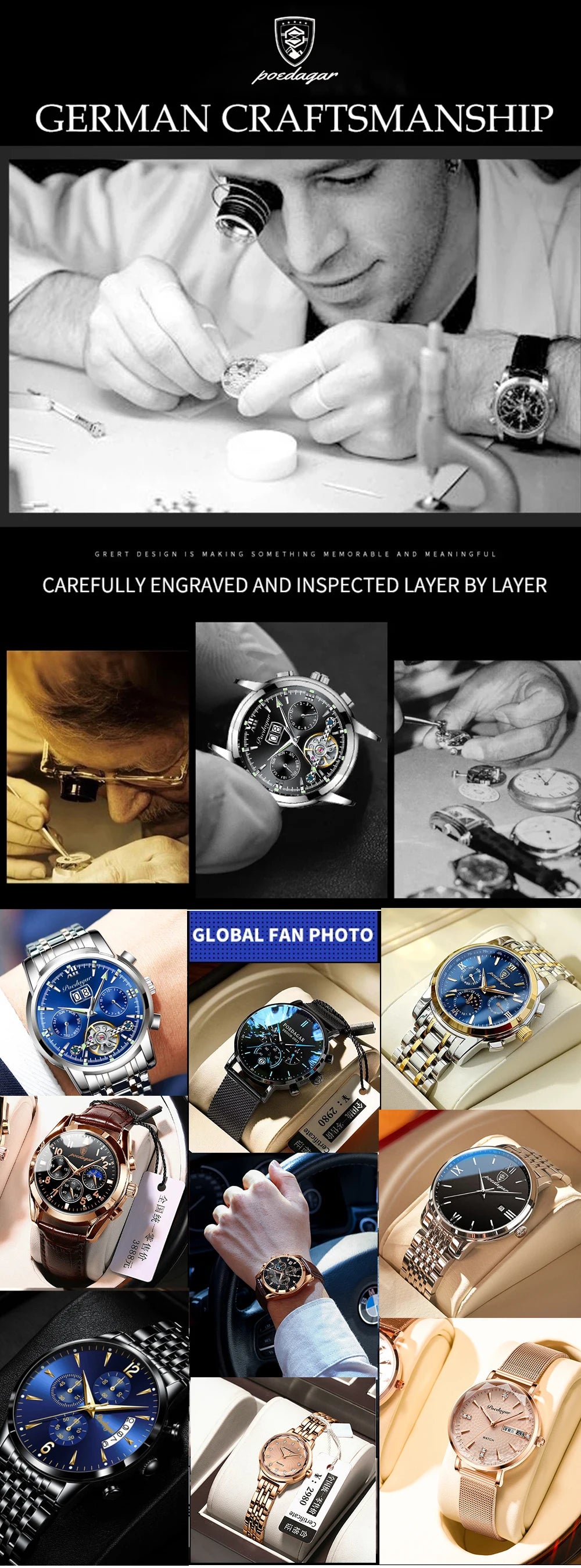 POEDAGAR Sport Original Men Clock Quartz Date Week Luxury Man Wristwatch Waterproof Luminous Stainless Steel Men's Watches Reloj