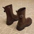Botas medio altas para mujer, zapatos Chelsea con punta redonda a media pantorrilla para mujer, calzado marrón de tacón medio, oferta gótica de entretiempo para primavera y otoño