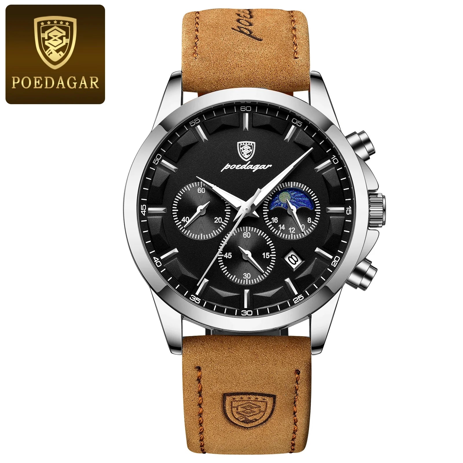 POEDAGAR, reloj deportivo de cuarzo de lujo para hombre, cronógrafo resistente al agua, reloj de pulsera luminoso con fecha para hombre, relojes de cuero de negocios para hombre