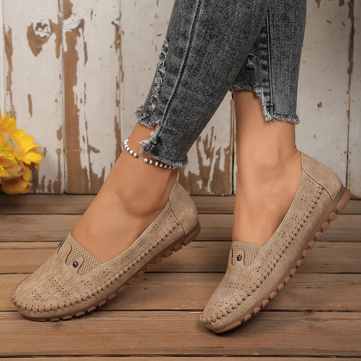 Goreyodoly, mocasines para mujer, diseño floral hueco, zapatos planos sin cordones, transpirables, ligeros, informales, para caminar, suaves y antideslizantes