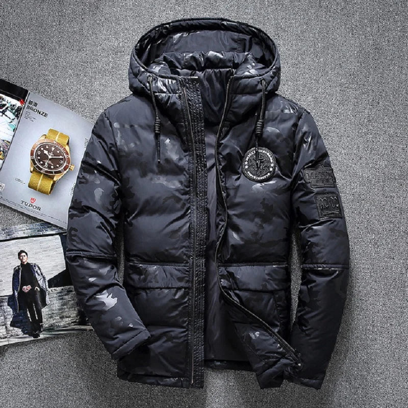 Parkas de invierno de alta calidad para hombre, cortavientos, Parkas de plumón de pato blanco, chaquetas cálidas gruesas con capucha de camuflaje para nieve, abrigo
