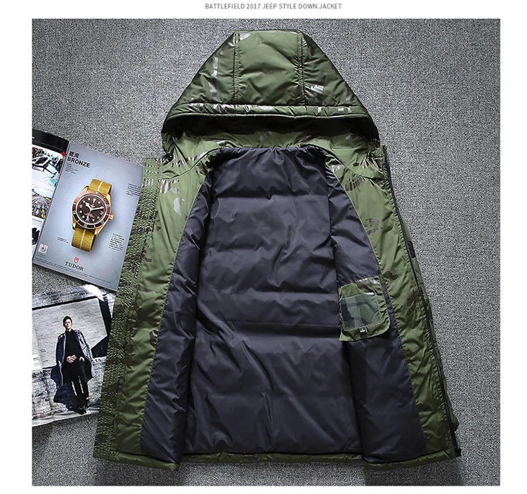 Parkas de invierno de alta calidad para hombre, cortavientos, Parkas de plumón de pato blanco, chaquetas cálidas gruesas con capucha de camuflaje para nieve, abrigo