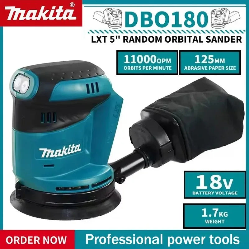 Lijadora Orbital Aleatoria Inalámbrica Makita DBO180Z de 18V para Trabajos en Madera y Pulido de Masilla - Herramienta sin Batería para Uso Profesional y Bricolaje