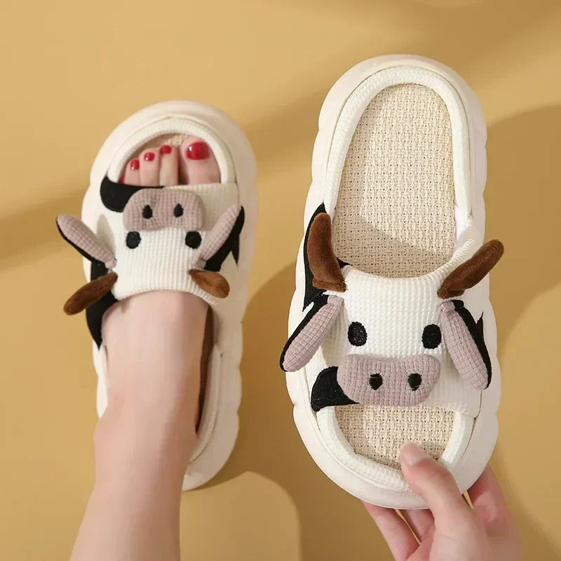 Zapatillas de lino de vaca con dibujos animados, sandalias universales de lino y algodón antideslizantes para interior del hogar, para las cuatro estaciones, 2024