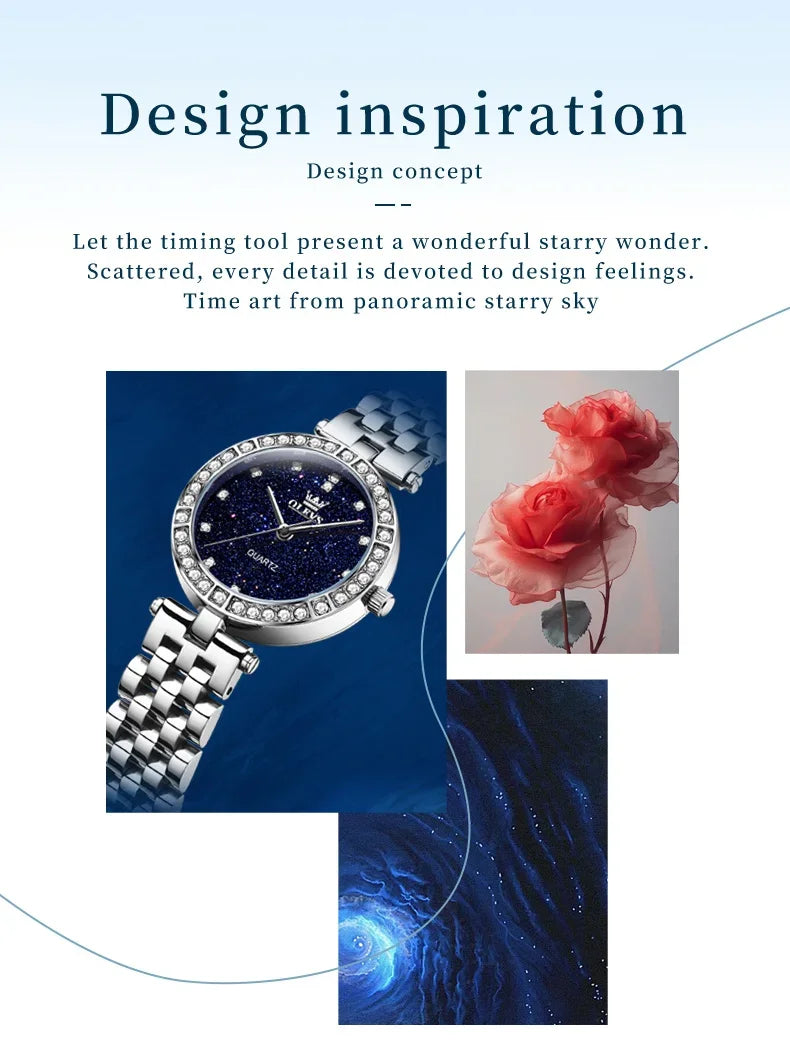 OLEVS 3641 Elegante reloj de cuarzo resistente al agua para mujer Esfera estrellada luminosa de acero inoxidable con caja de regalo - Accesorio de moda para mujer