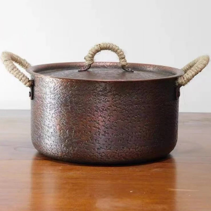 Olla de cobre vintage, utensilio de cocina de alimentos hecho a mano para hervir, asperar y estofar pasta, con tapa, ollas de mano de 18 cm