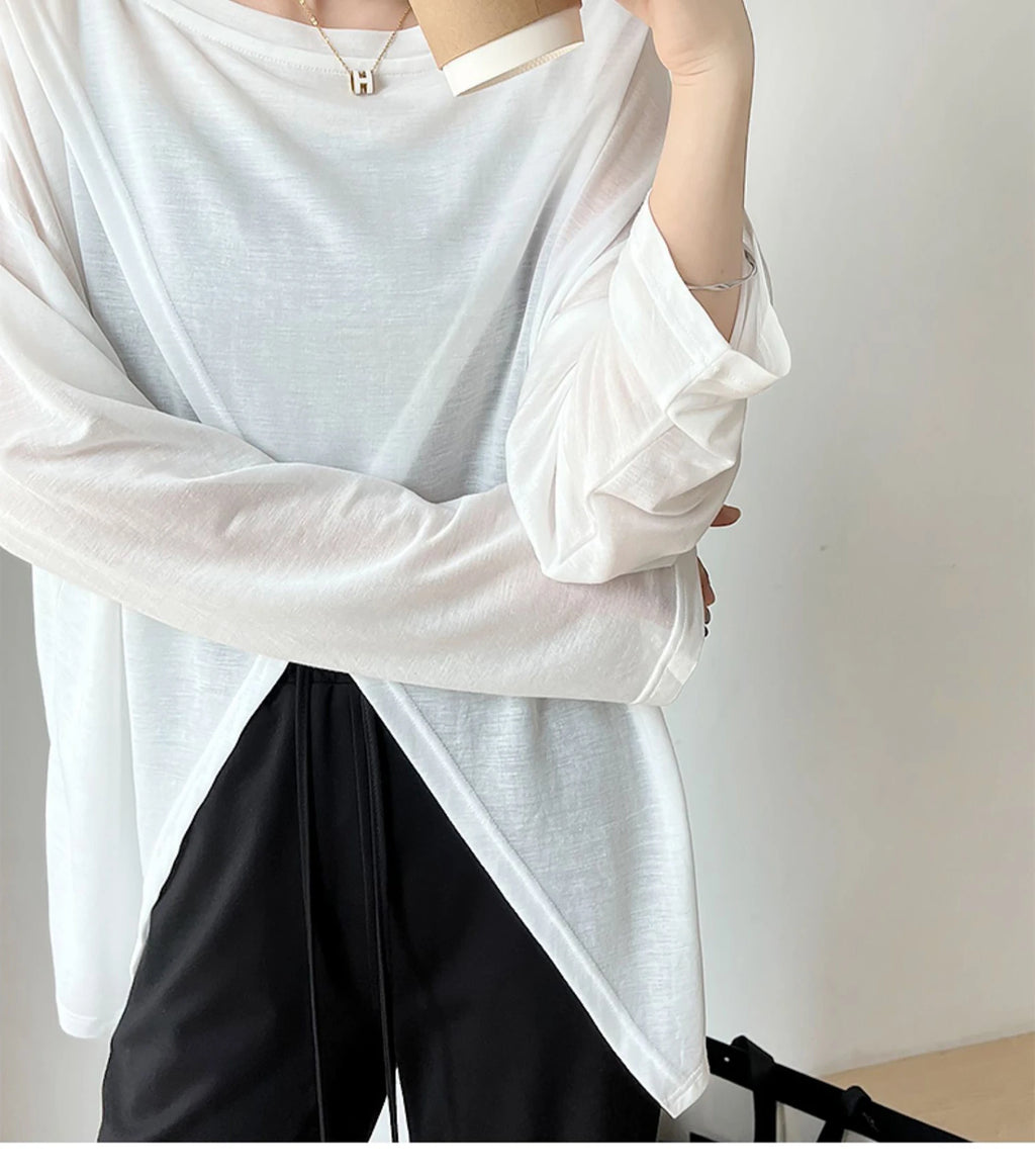 Verano elegante moda Harajuku Slim Fit ropa femenina suelta Casual todo fósforo camisetas sólido cuello redondo estilo fino camisetas de manga larga