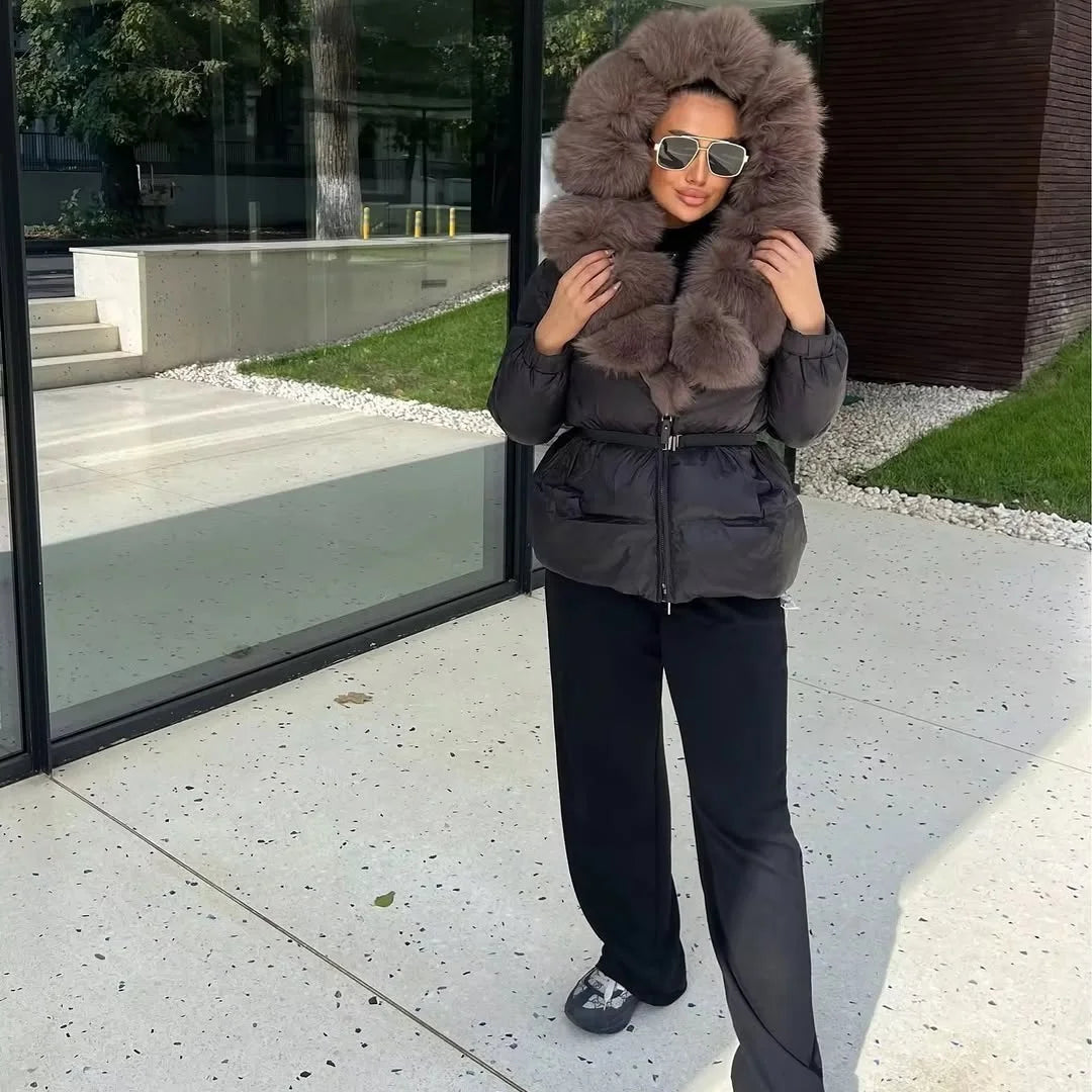 OFTBUY 2025 nueva ropa de invierno para mujer, abrigo de plumón de pato blanco, chaqueta con capucha de piel de zorro Natural, chaqueta acolchada cálida a la moda para mujer