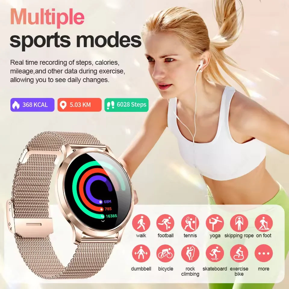 Nuevo reloj inteligente para mujer 1,32 "AMOLED pantalla completamente táctil Bluetooth llamada presión arterial IP68 impermeable NFC 7,3mm pulsera ultrafina