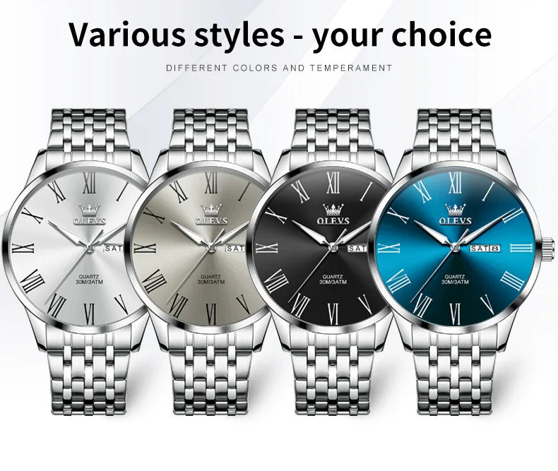 OLEVS, reloj minimalista de negocios de acero inoxidable para hombre, manecillas luminosas de lujo, calendario a escala romana, relojes de cuarzo resistentes al agua para hombre