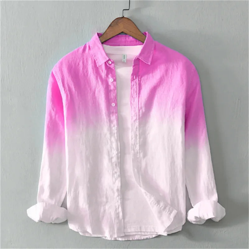 Men's Casual Spring Autumn Long-Sleeve Collared Shirt, Fashionable Light Color Changing 3D Print Linen Shirt, XS-6XL