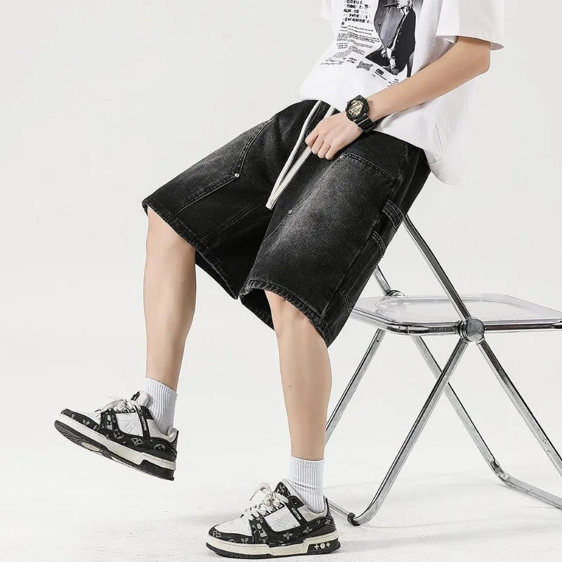 Streetwear Fashion Men's Denim Shorts Summer Loose Vintage Harajuku Spliced Hip-hop Cargo Moto Short Jeans Black Blue