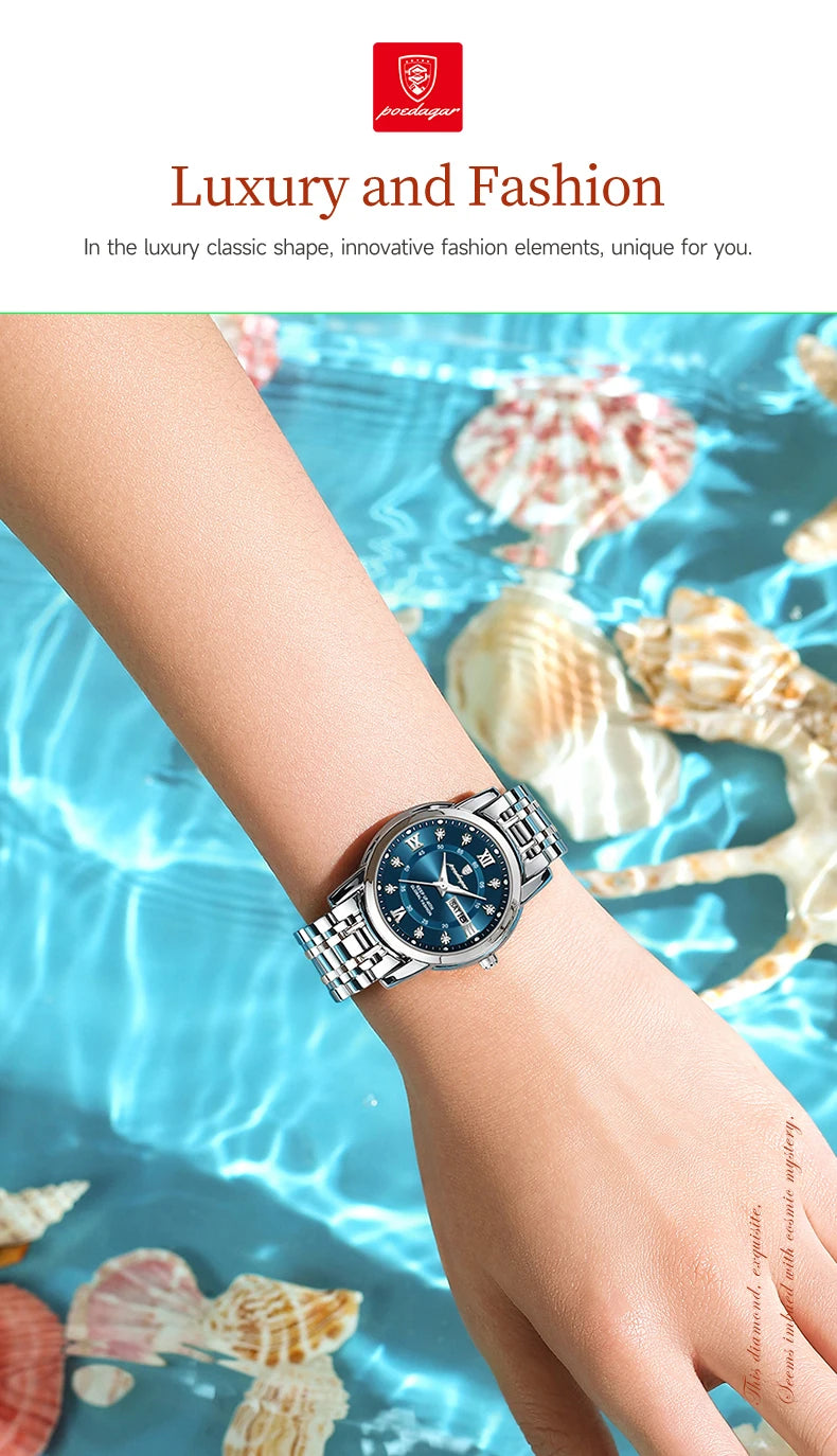 POEDAGAR, reloj de pulsera de lujo para mujer, resistente al agua, luminoso, fecha, semana, relojes para mujer, vestido elegante de acero inoxidable, reloj de cuarzo para mujer