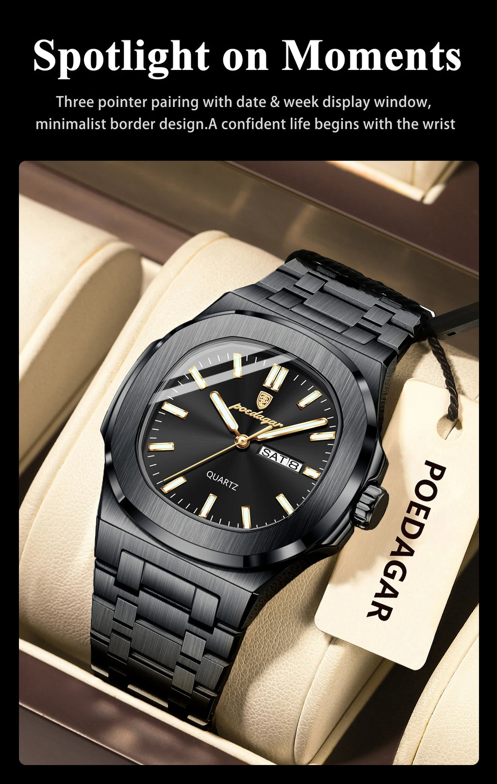 POEDAGAR, relojes cuadrados de lujo para hombre, Reloj luminoso resistente al agua con fecha y semana para hombre, Reloj de pulsera de cuarzo a la moda de acero inoxidable para hombre