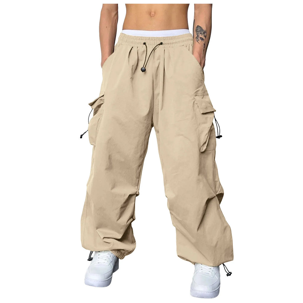 Pantalones Cargo deportivos informales para Hombre, ropa de calle con bolsillo tejido y cuerda para el pie, Pantalones sólidos, Pantalones holgados con múltiples bolsillos para Hombre