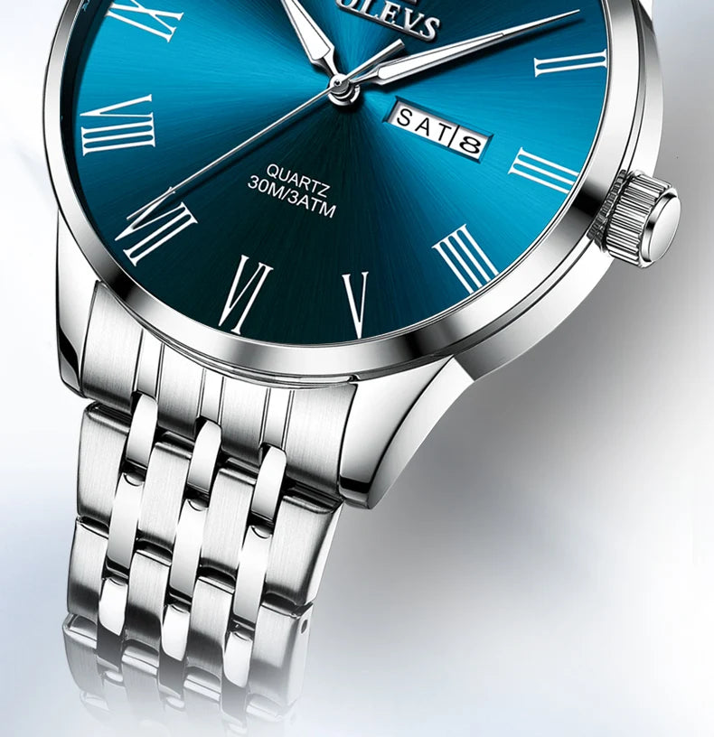 OLEVS, reloj minimalista de negocios de acero inoxidable para hombre, manecillas luminosas de lujo, calendario a escala romana, relojes de cuarzo resistentes al agua para hombre