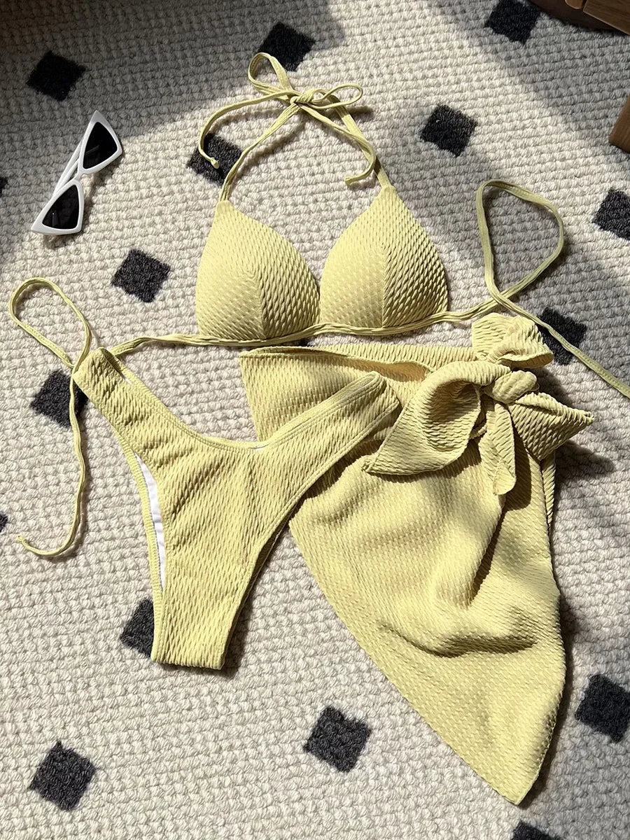 Skirt, Ruched Bikini with Bra Cup, Women's Swimsuit, Women's Bathing Suit, Three-Piece Bikini Set, Push Up Swimsuit, Swimming Beachwear
