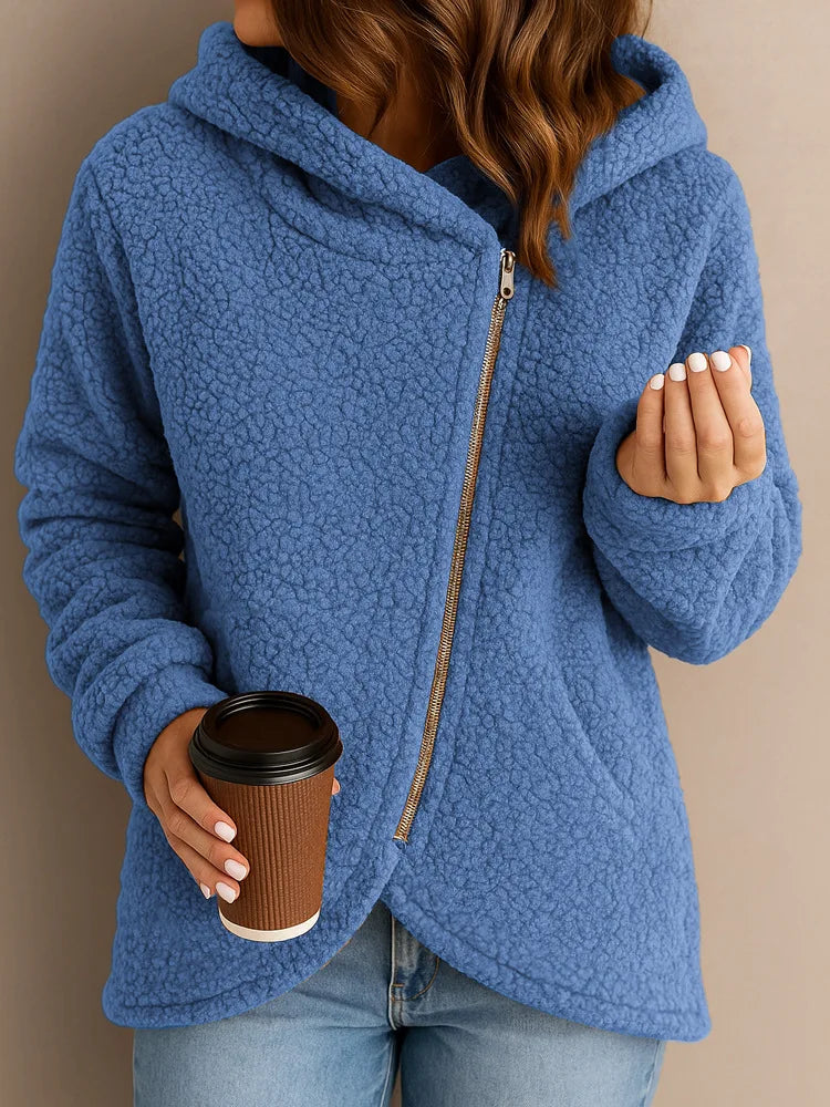 2025 Sudadera gruesa con forro polar para mujer, cárdigan con capucha y cremallera superior, chaqueta de lana de cordero de nuevo estilo a la moda para invierno