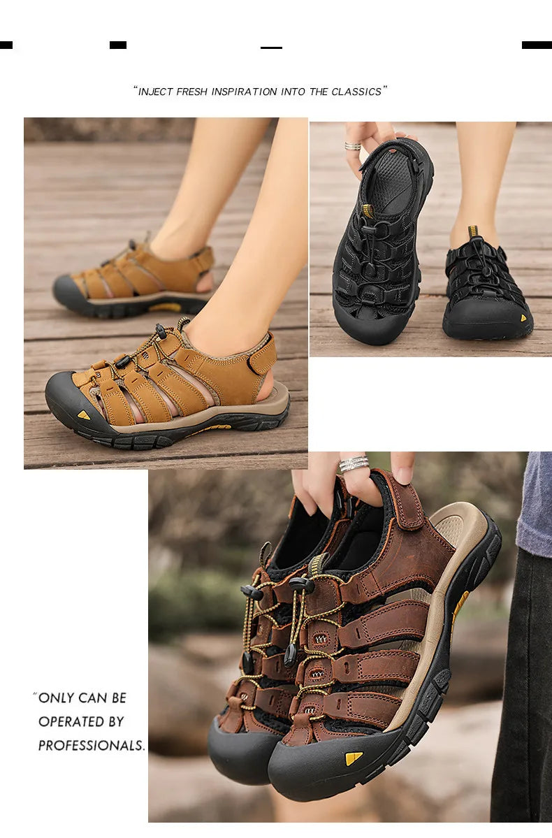 Sandalias de piel auténtica para hombre, zapatos informales transpirables de diseño a la moda, fondo suave, talla grande, para playa y exteriores, novedad de verano
