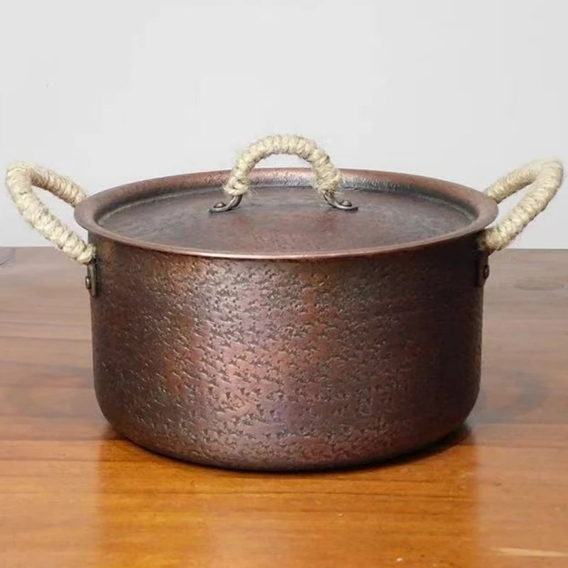 Olla de cobre vintage, utensilio de cocina de alimentos hecho a mano para hervir, asperar y estofar pasta, con tapa, ollas de mano de 18 cm