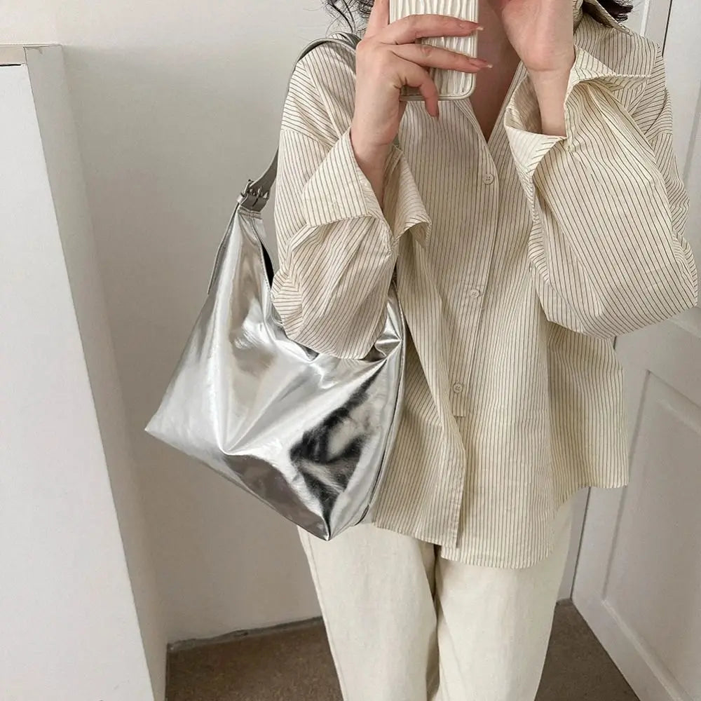 Bolso de mano con asa superior de PU para mujer, bolso de compras de diseñador de lujo, bolso de mano informal de cuero dorado plateado de alta capacidad, moda