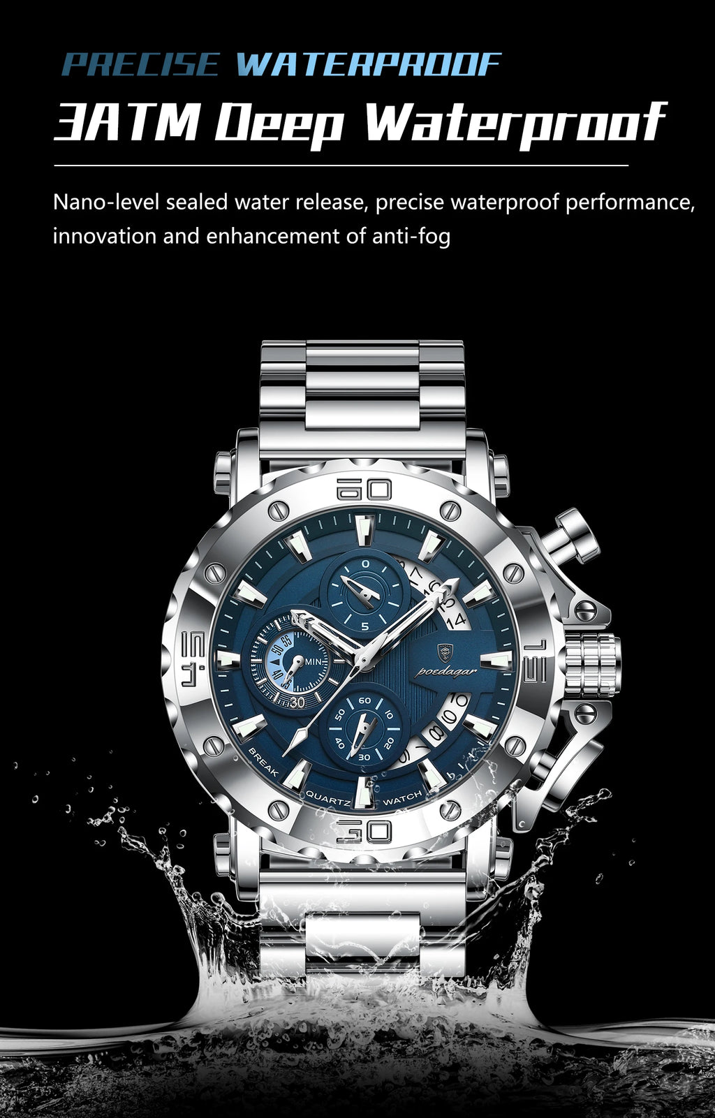 Reloj POEDAGAR de lujo para hombre, calendario luminoso, resistente al agua, Reloj para hombre, cronógrafo masculino, relojes de cuarzo de acero inoxidable para hombre