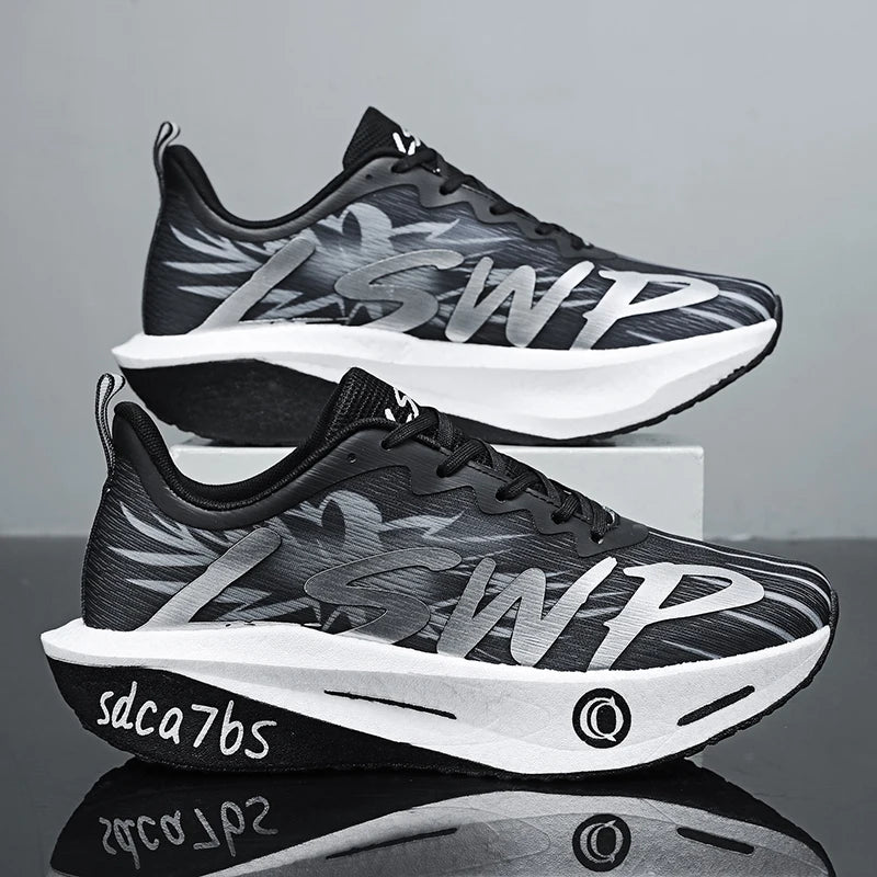 Zapatillas para correr unisex ligeras y transpirables - Tecnología de placa de carbono completa, combinación de colores blanco/azul/naranja, diseño de malla de caña baja, adecuadas para maratón, carreras de velocidad y u