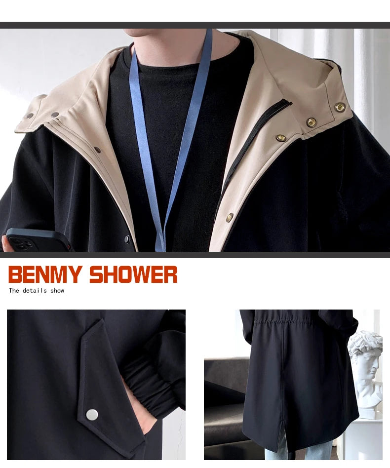 Gabardina para hombre, gabardina con capucha a la moda, otoño, longitud media, cortavientos holgado de un solo pecho, abrigo informal falso de dos piezas