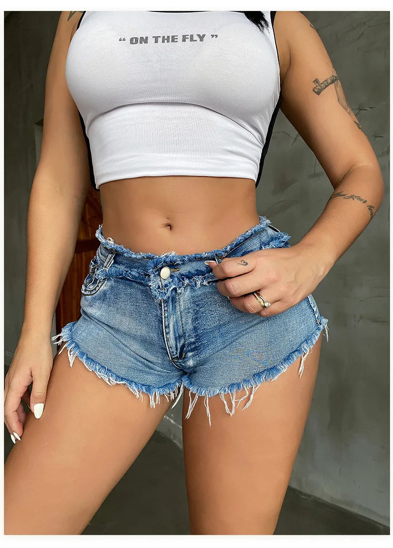 Pantalones Cortos elásticos con agujeros para Mujer, Vaqueros sexys De cintura baja, ropa De verano, 2022