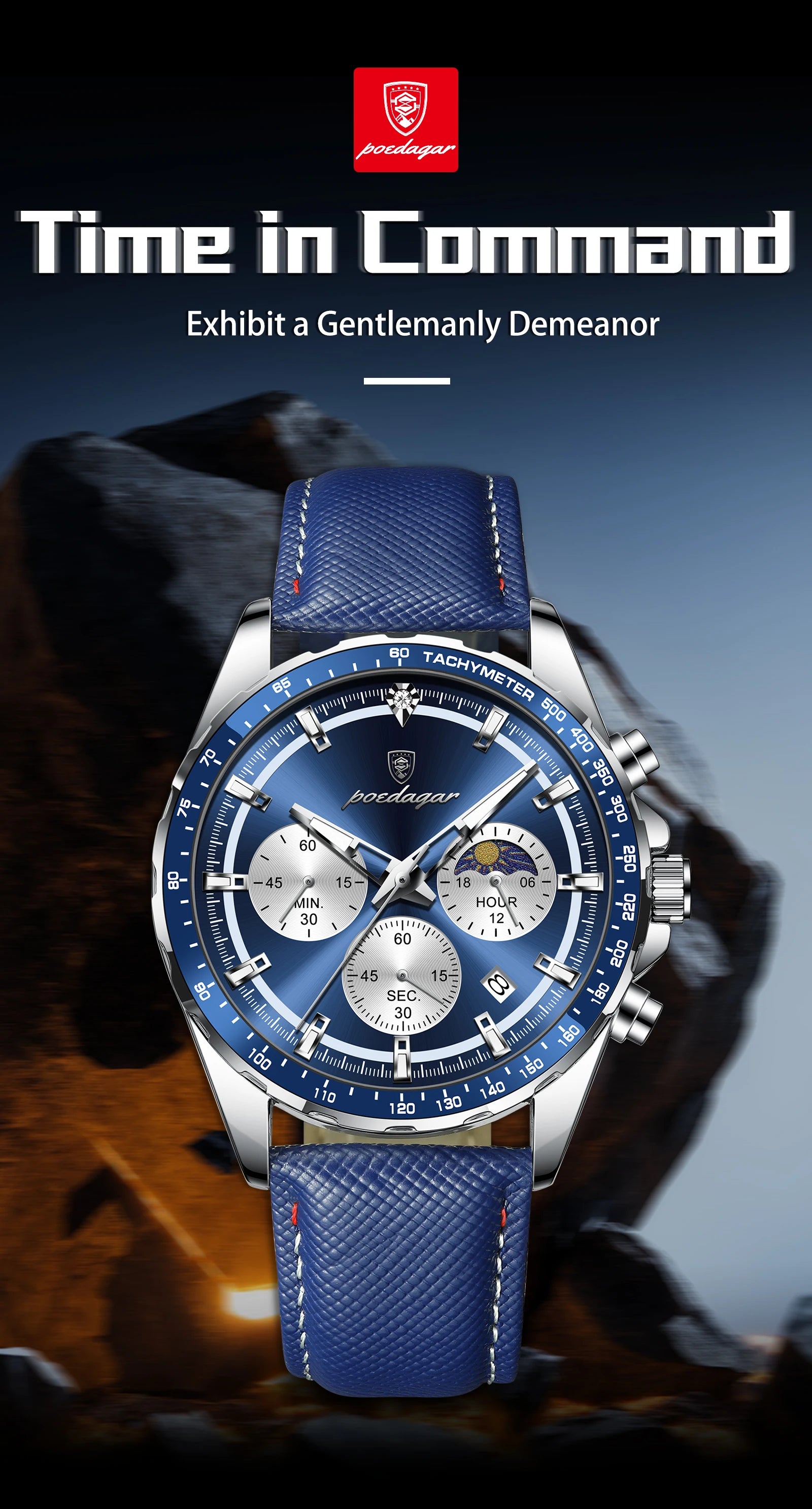 POEDAGAR Original Fashion Men Clock Luminous Waterproof Chronograph Date Man Wristwatch Leather Quartz Sport Men's Watches Reloj