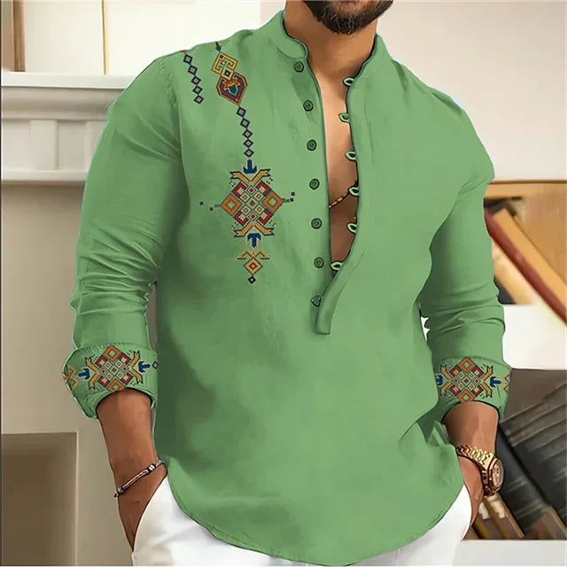 2025 Men's Shirt 15 Colors Tribe Pattern Printing Retro Geometry Leads Outdoor Street Long Sleeve Shirt Super Large Size S-5XL