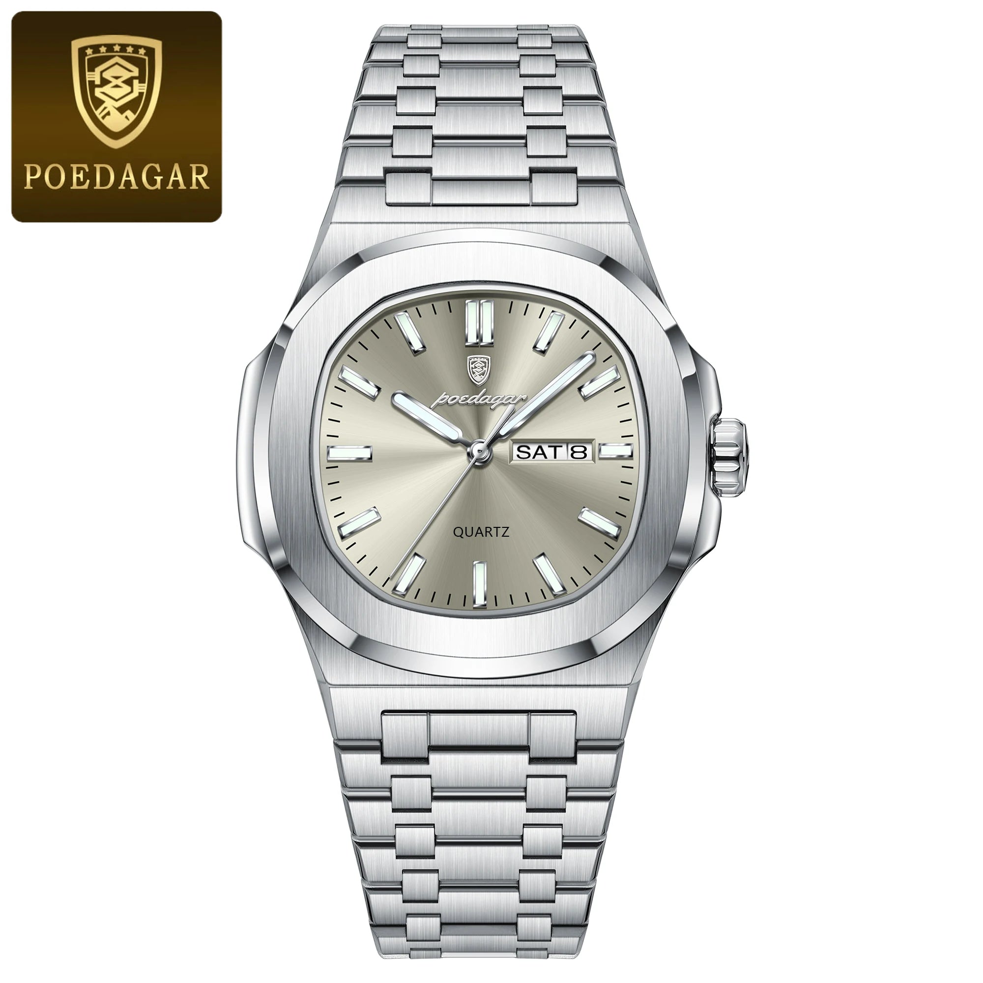 POEDAGAR, relojes cuadrados de lujo para hombre, Reloj luminoso resistente al agua con fecha y semana para hombre, Reloj de pulsera de cuarzo a la moda de acero inoxidable para hombre