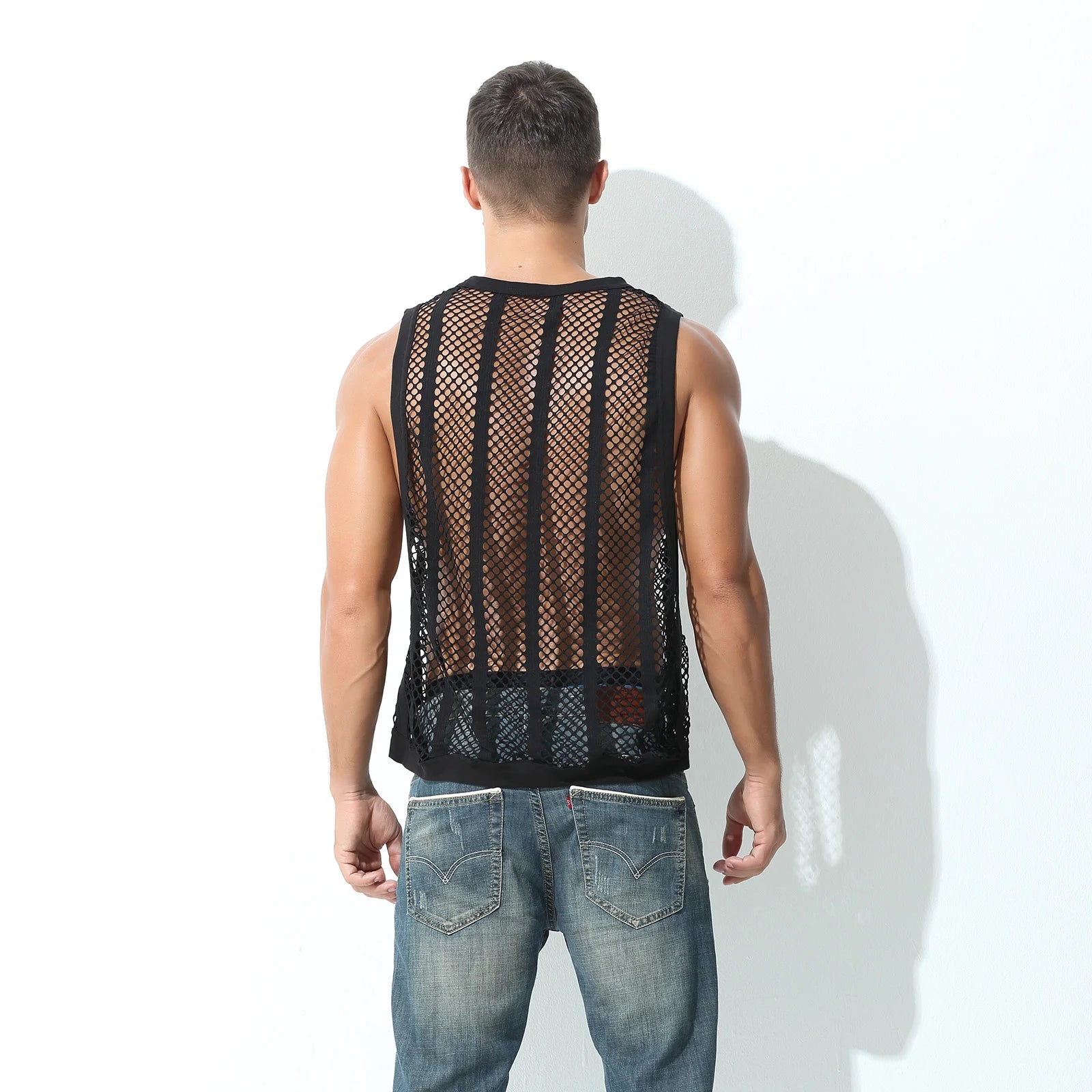 Camisetas sin mangas para hombre, camiseta interior sin mangas, chaleco hueco transparente de malla Sexy, camiseta de rejilla, camiseta musculosa