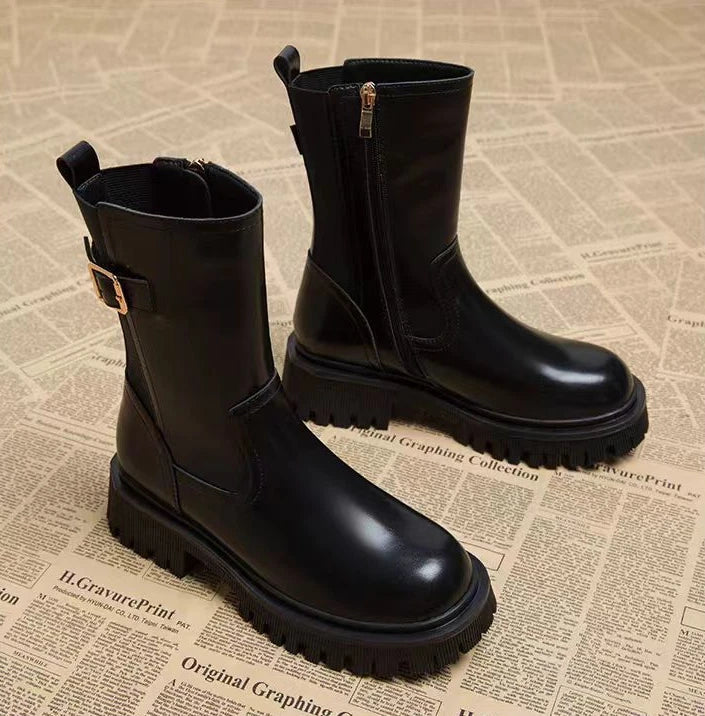 Botas medio altas para mujer, zapatos Chelsea con punta redonda a media pantorrilla para mujer, calzado marrón de tacón medio, oferta gótica de entretiempo para primavera y otoño