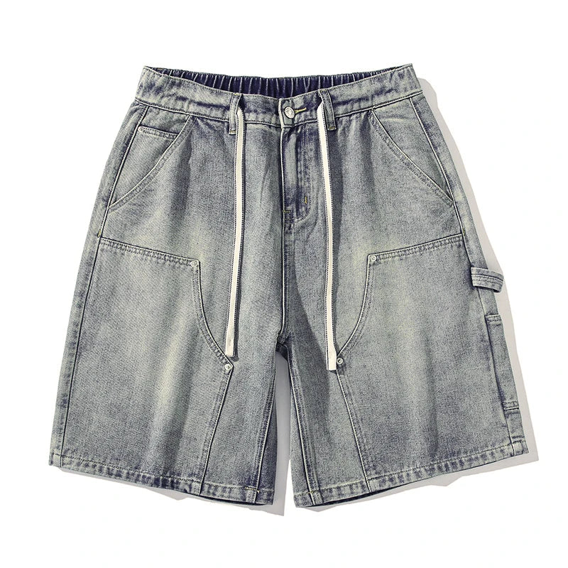 Streetwear Fashion Men's Denim Shorts Summer Loose Vintage Harajuku Spliced Hip-hop Cargo Moto Short Jeans Black Blue