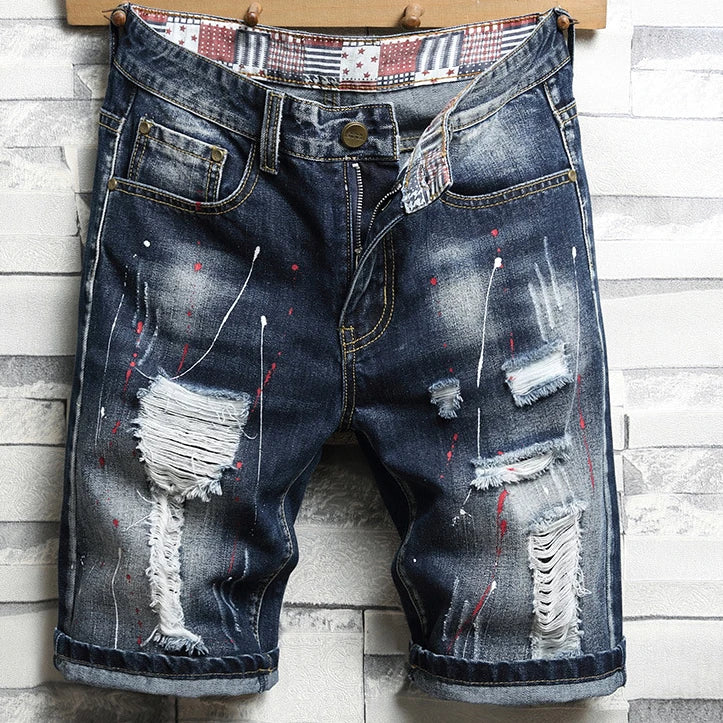 Vintage Hole Men Jeans Shorts Distressed Denim Knee Length Pockets Cuffed Patchwork Skinny Washed Ripped Punk Style Mid Waist 2024