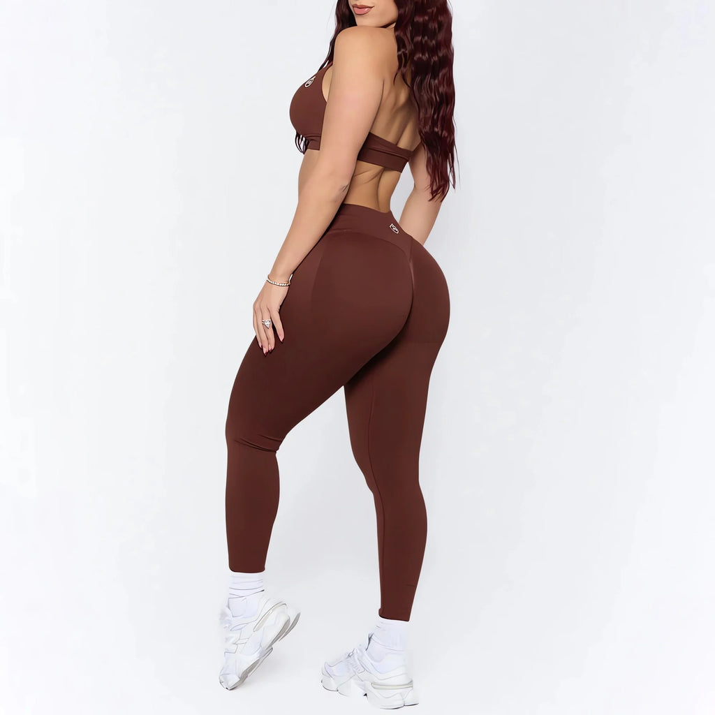 Bum-Conjuntos de Yoga para mujer, mallas moldeadoras con fruncido en la parte de atrás y Sujetador deportivo de impacto, trajes sin costuras, conjunto de sujetador Halter Sexy para gimnasio, 2025