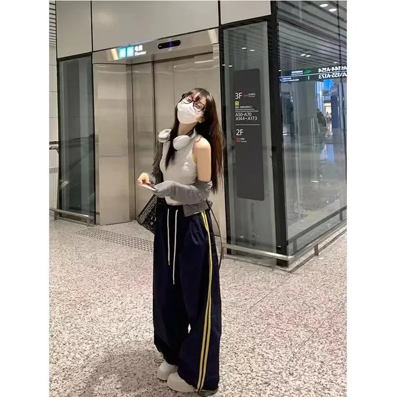 Pantalones de chándal completo a rayas con múltiples bolsillos para mujer