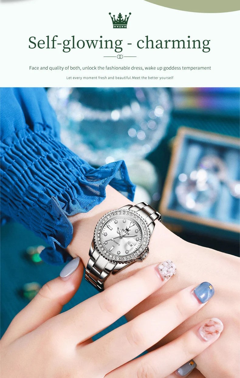 Reloj de cuarzo OLEVS Original con esfera de diamantes para mujer, relojes de moda para mujer, reloj de pulsera luminoso resistente al agua de acero inoxidable para mujer