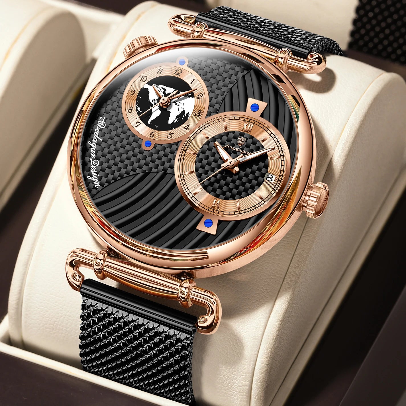 Reloj de hombre POEDAGAR de moda con doble zona horaria, resistente al agua, con fecha, deportivo, de malla de acero inoxidable, de cuarzo + caja.