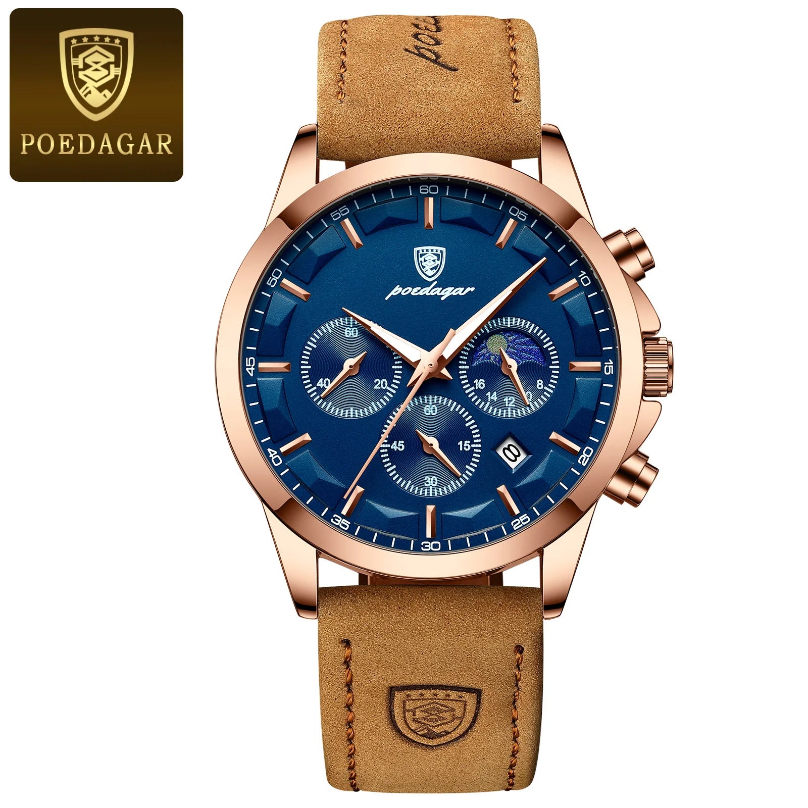 POEDAGAR, reloj deportivo de cuarzo de lujo para hombre, cronógrafo resistente al agua, reloj de pulsera luminoso con fecha para hombre, relojes de cuero de negocios para hombre