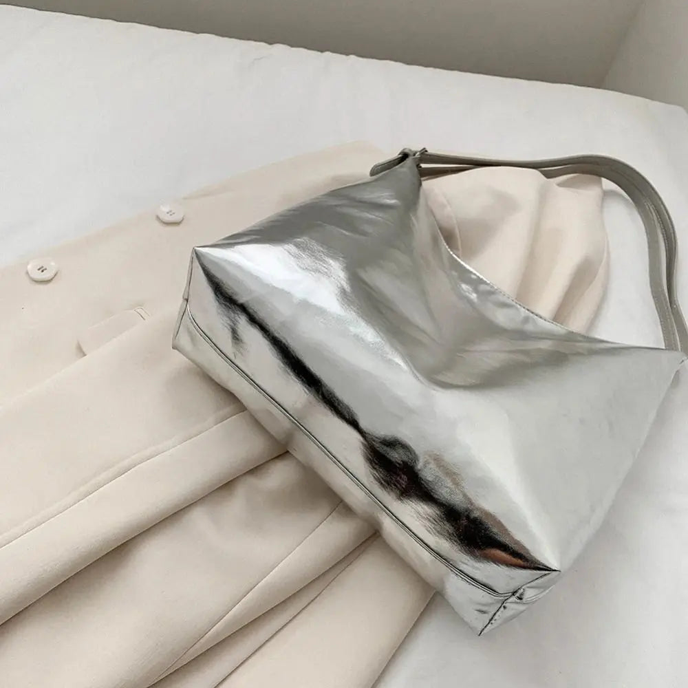 Bolso de mano con asa superior de PU para mujer, bolso de compras de diseñador de lujo, bolso de mano informal de cuero dorado plateado de alta capacidad, moda