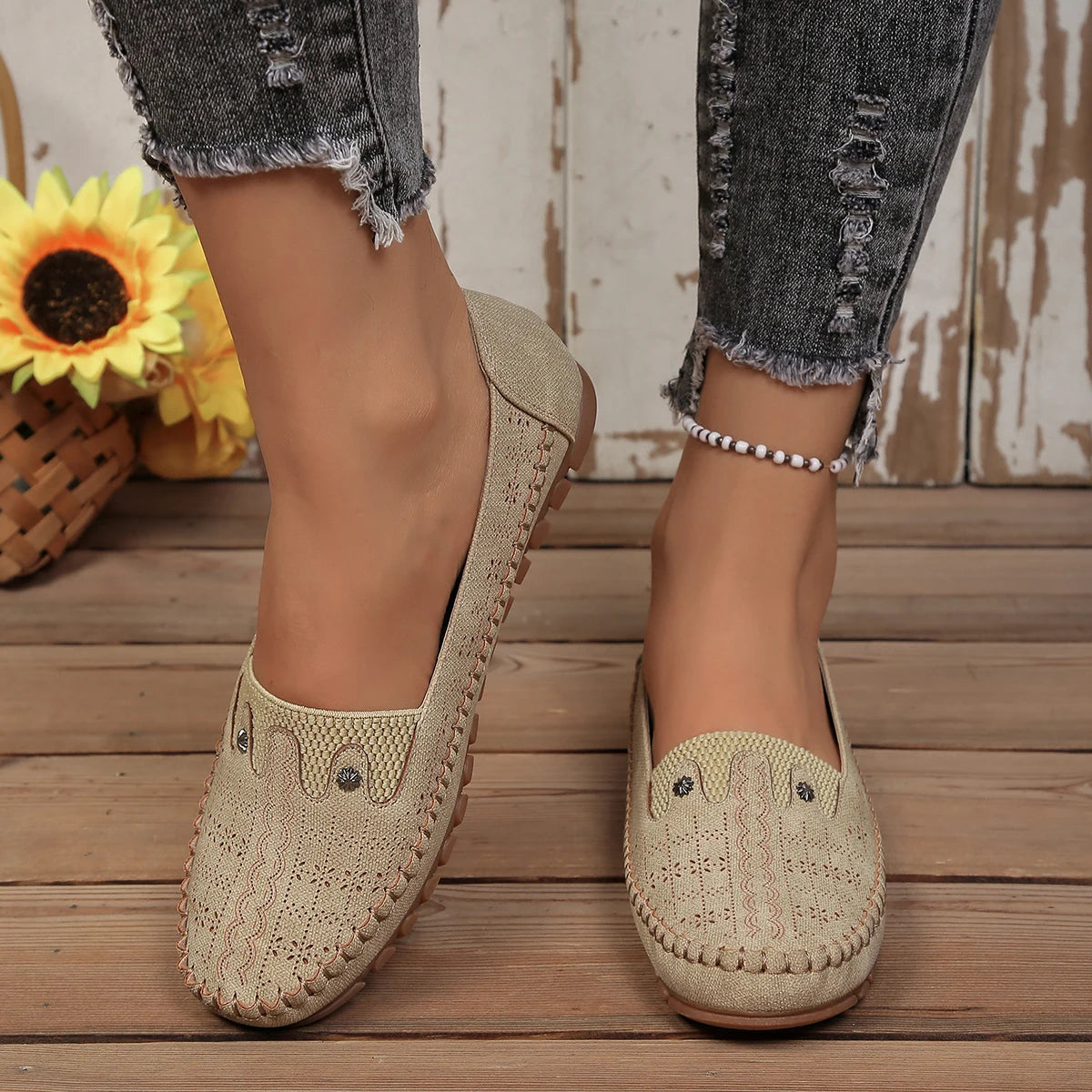 Goreyodoly, mocasines para mujer, diseño floral hueco, zapatos planos sin cordones, transpirables, ligeros, informales, para caminar, suaves y antideslizantes