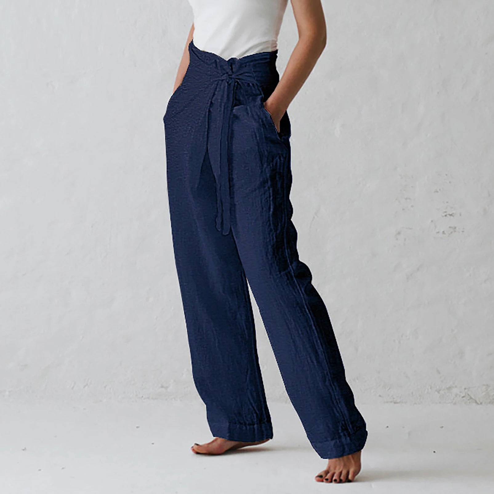 Women's Casual Pocket Pants, Solid Color, Stretchy, Cuffed, Stylish Cotton Line, High Waist, Summer 2024