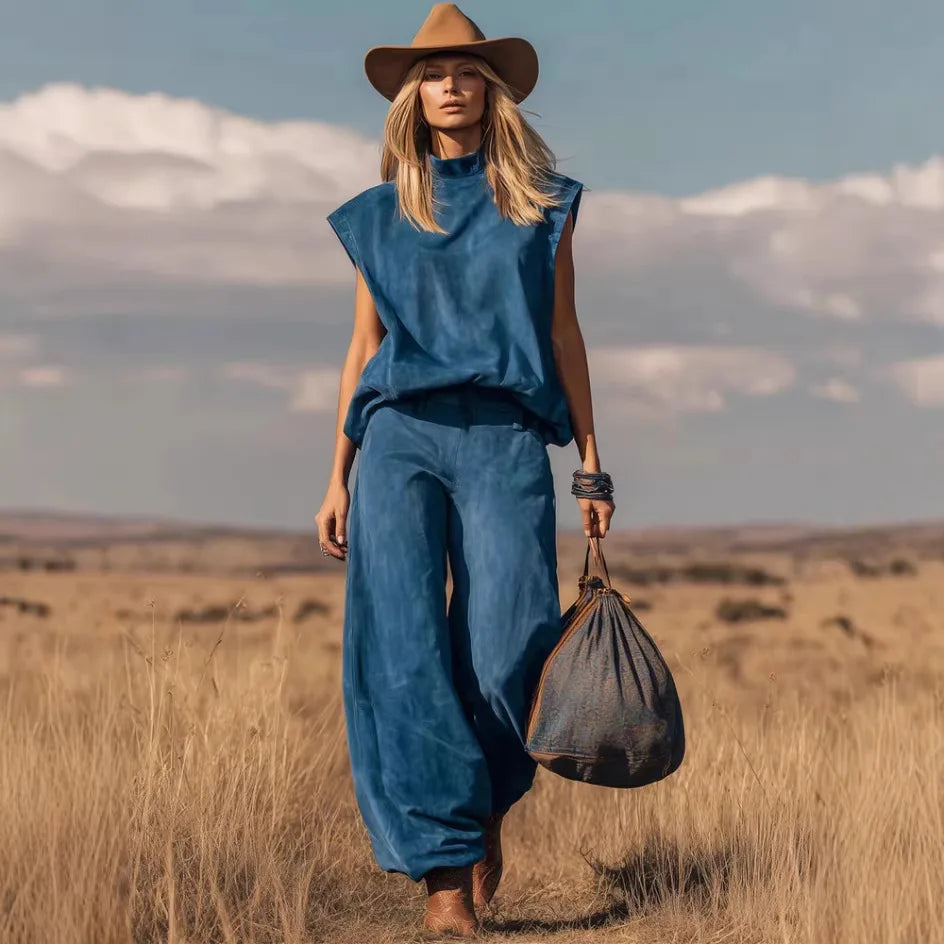 Women's Casual Summer Outfits, Solid Color Two Piece Set, Sleeveless Top and Wide Leg Pants, Vacation Matching Set