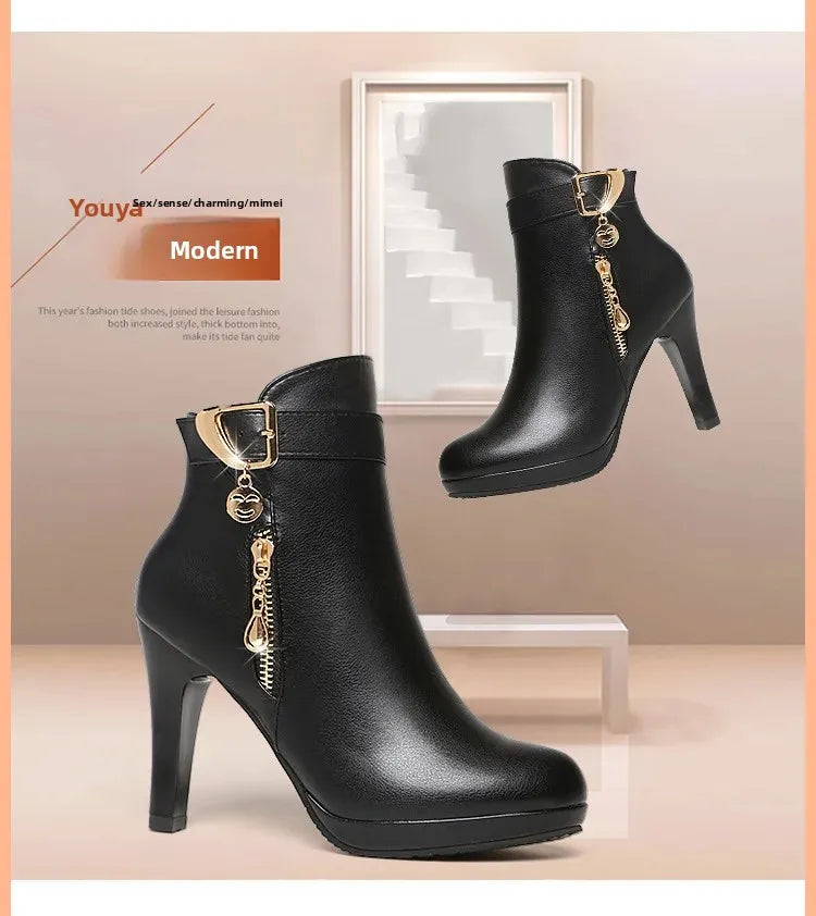 Botas cortas sexis de tacón alto con punta redonda para mujer, moda de invierno, nuevo estilo, diseño Simple, tacón fino, cierre de cremallera, Color sólido