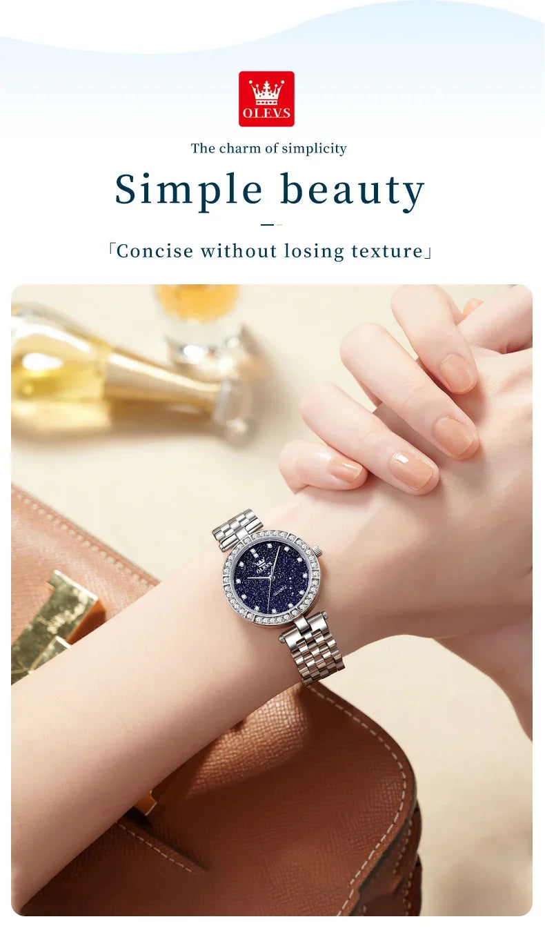 OLEVS 3641 Elegante reloj de cuarzo resistente al agua para mujer Esfera estrellada luminosa de acero inoxidable con caja de regalo - Accesorio de moda para mujer
