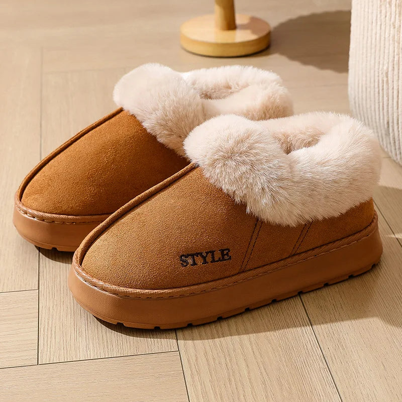 2025 botas de invierno de piel sintética rosa para el hogar para mujer nuevas botas cortas de nieve de gamuza sintética zapatos acolchados cálidos de fondo grueso antideslizantes de felpa para mujer