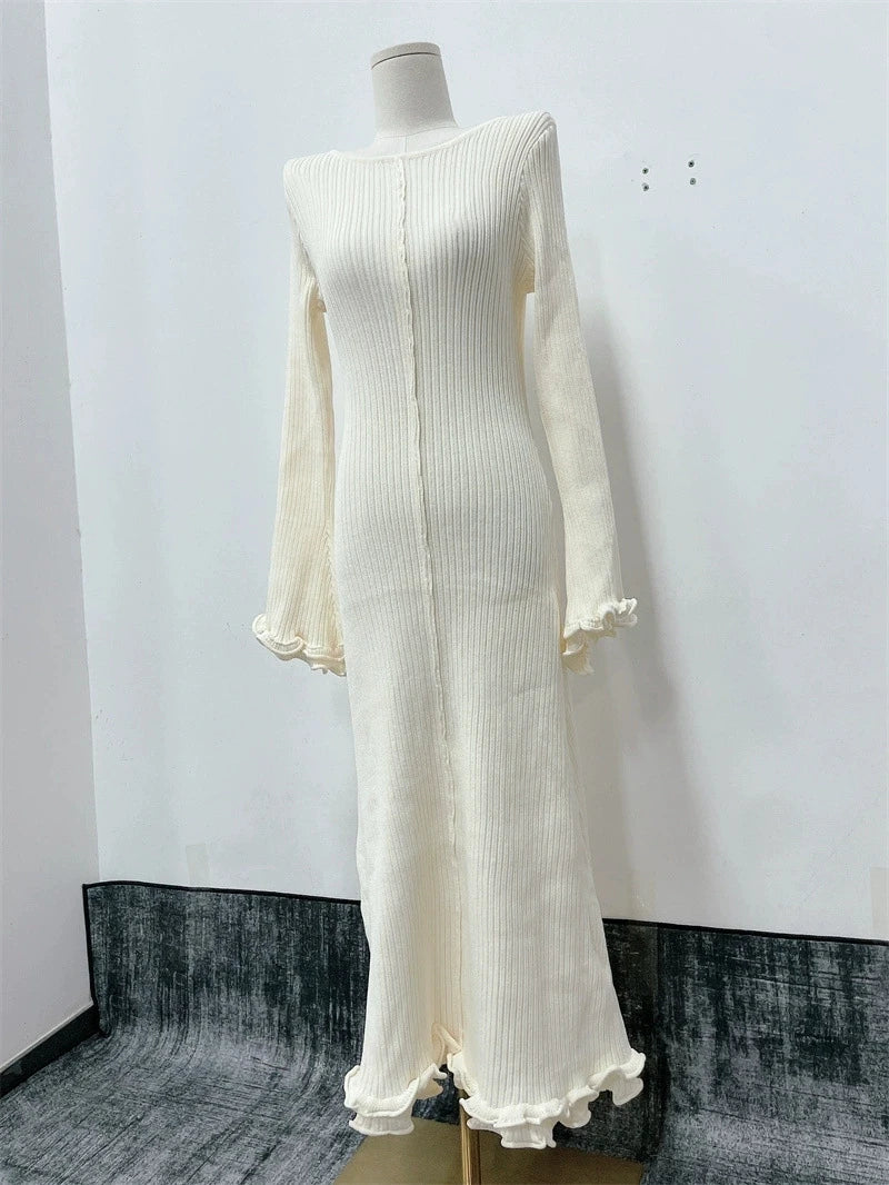 2025 elegante vestido con volantes y cordones Para Mujer, vestido acanalado de manga larga a la moda, Vestidos largos Para Mujer, Vestidos Para ir al trabajo Para Mujer
