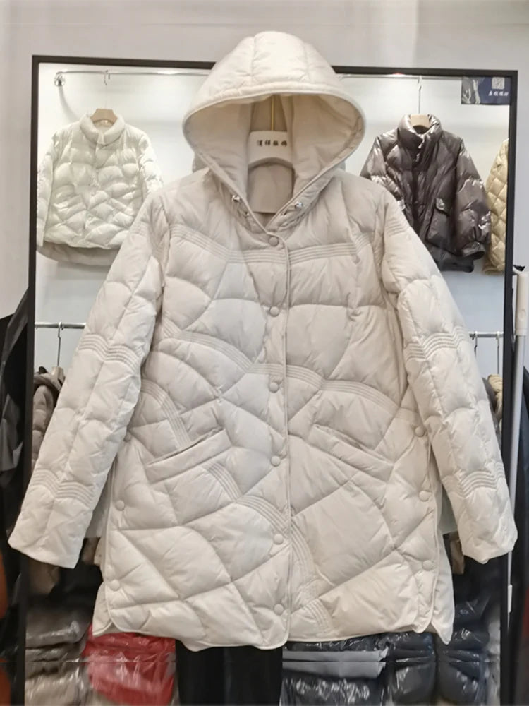 Lagabogy-Women's Loose White Duck Down Coat, Vintage Single-Breasted Tops, Warm Hooded Pocket Padded Jacket for Women, Outdoor, 2025